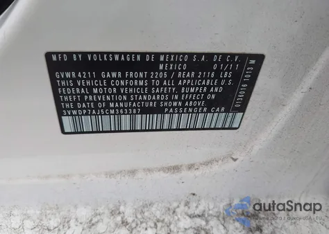 2012 Volkswagen Jetta 2.5L Se from USA, damaged, VIN 3VWDP7AJ5CM363387